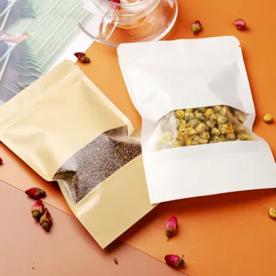 Sacchetto di carta Kraft per tè e caffè snack frutta secca, astuccio con chiusura a zip con finestra trasparente, sacchetti per il confezionamento del tè della fabbrica cinese