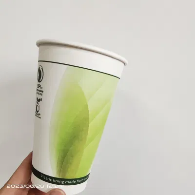 Tazza di carta patinata in PLA completamente degradabile, caffè ispessito a uno e due strati, tè al latte, bevande fredde e calde, confezione di tazze di carta cave