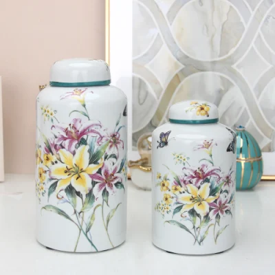 J043 vaso da tè in porcellana moderna modello giglio cilindro in ceramica Vaso bianco con fiori e coperchio