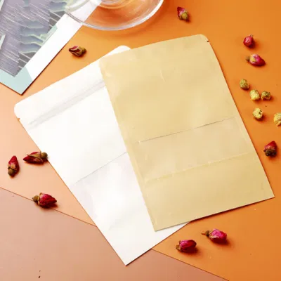 Sacchetto di carta Kraft per tè e caffè snack frutta secca, astuccio con chiusura a zip con finestra trasparente, sacchetti per il confezionamento del tè della fabbrica cinese