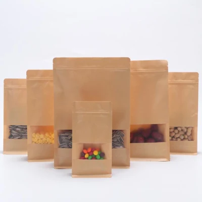 Custodia per imballaggio alimentare con zip biodegradabile personalizzata Kraft a fondo piatto Sacchetto di carta da tè per caffè