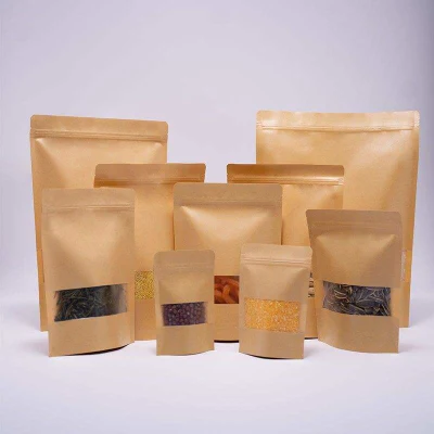 Custodia per imballaggio alimentare con zip biodegradabile personalizzata Kraft a fondo piatto Sacchetto di carta da tè per caffè