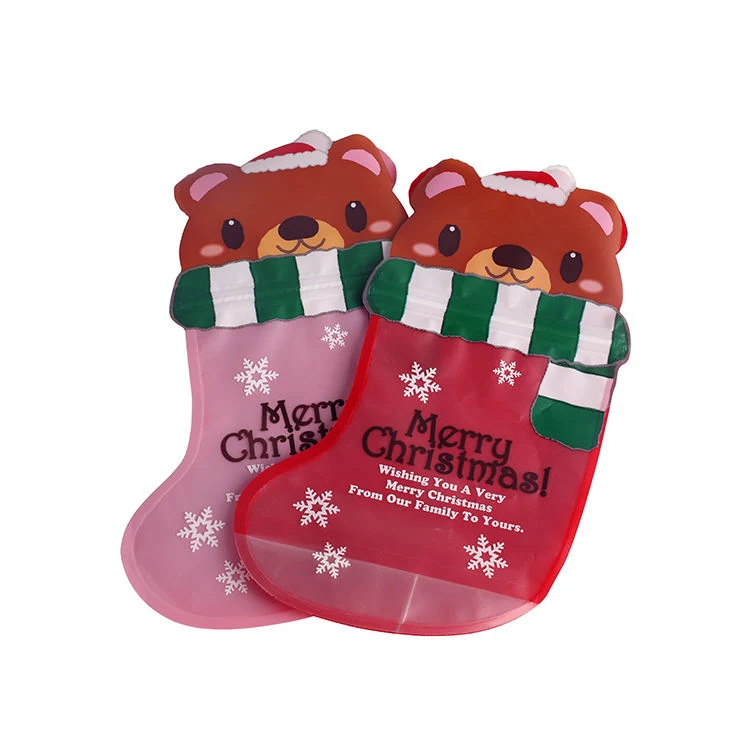 Beautiful Christmas Stocking Merry Sock Shaped Plastic Frost Window Transparent Pouch Bags Doypack Packaging with Zipper Lock