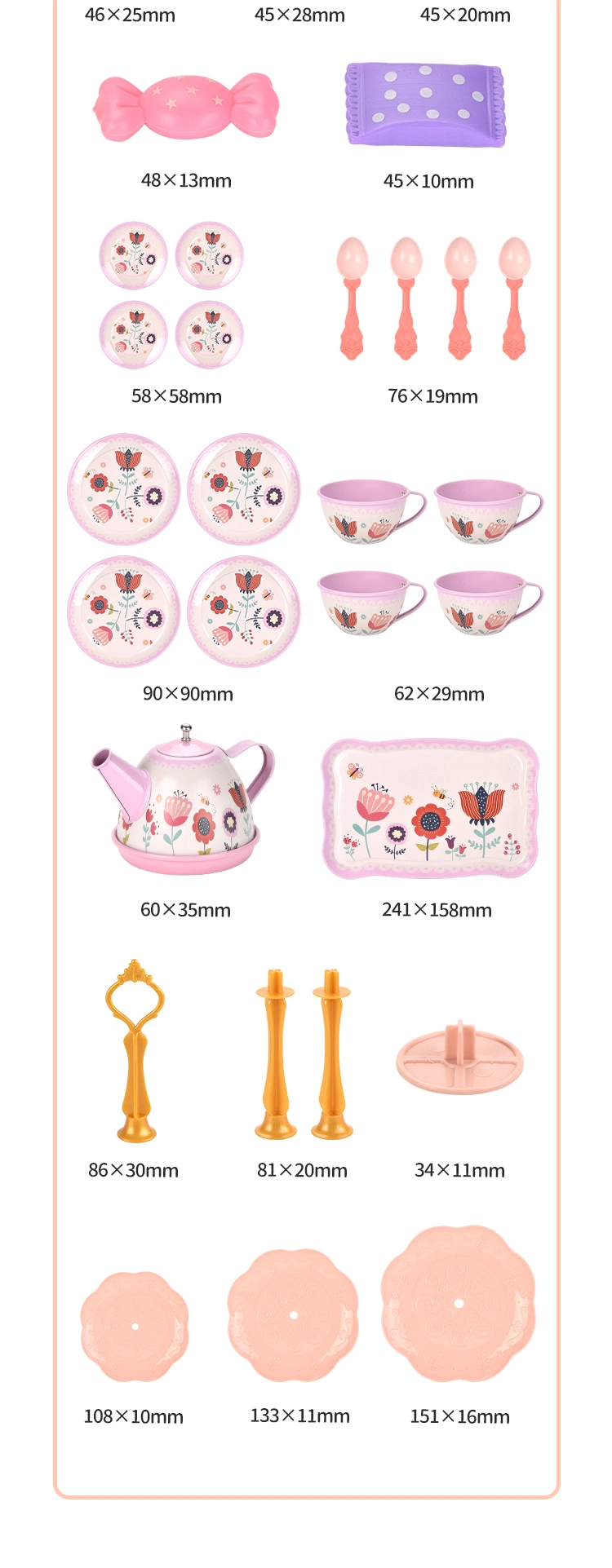 Metalware Afternoon Tea Cake Stand Dessert Play Set Toys 46PCS Little Girls Pretend Play Toy Emulational Tin Tea Set Toy Playset