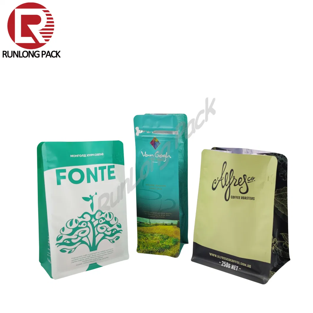 Compostable Empty Flat Bottom Coffee Bags with Valve and Zipper for Coffee Bean/Tea Packaging
