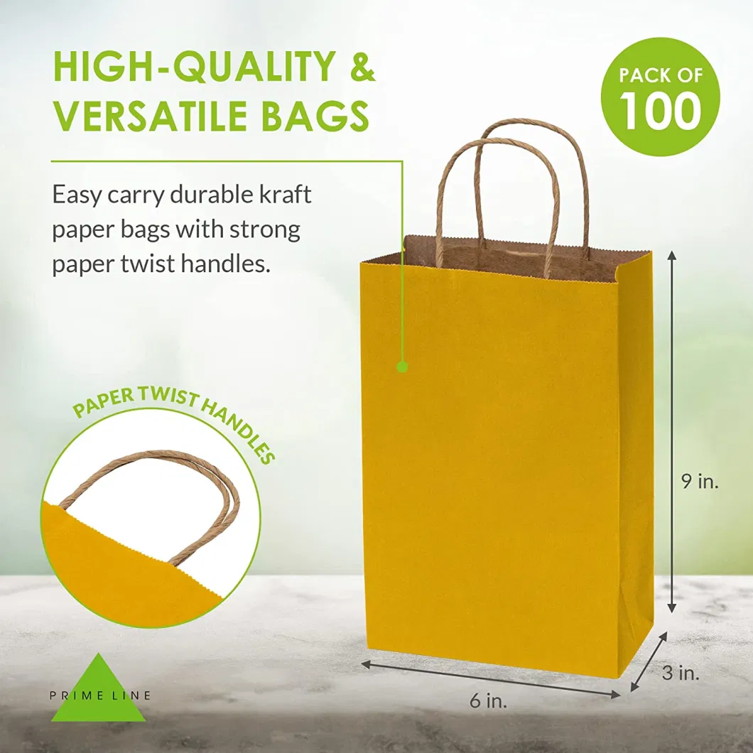 Yellow Gift Bags 100 Pack Kraft Paper Shopping with Handles, Retail Stores. Grocery Bags, Bread Bags Recyclable Snack Bags