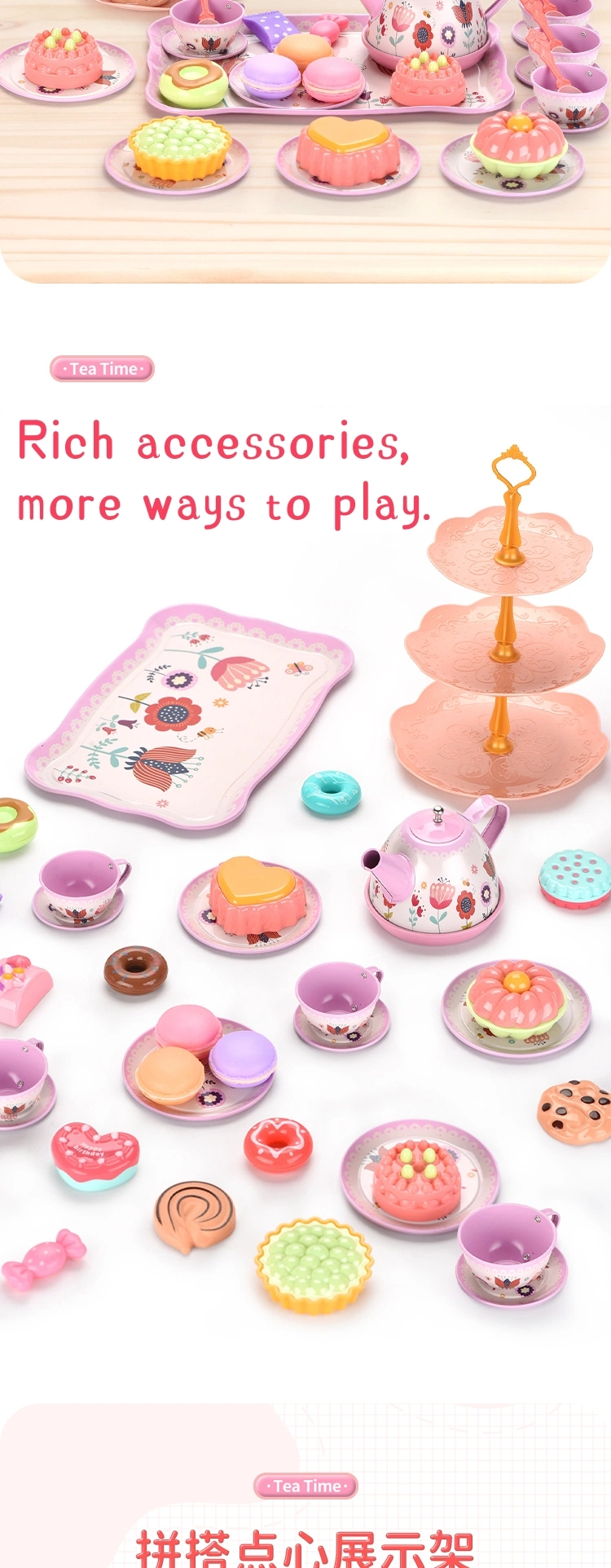 Metalware Afternoon Tea Cake Stand Dessert Play Set Toys 46PCS Little Girls Pretend Play Toy Emulational Tin Tea Set Toy Playset