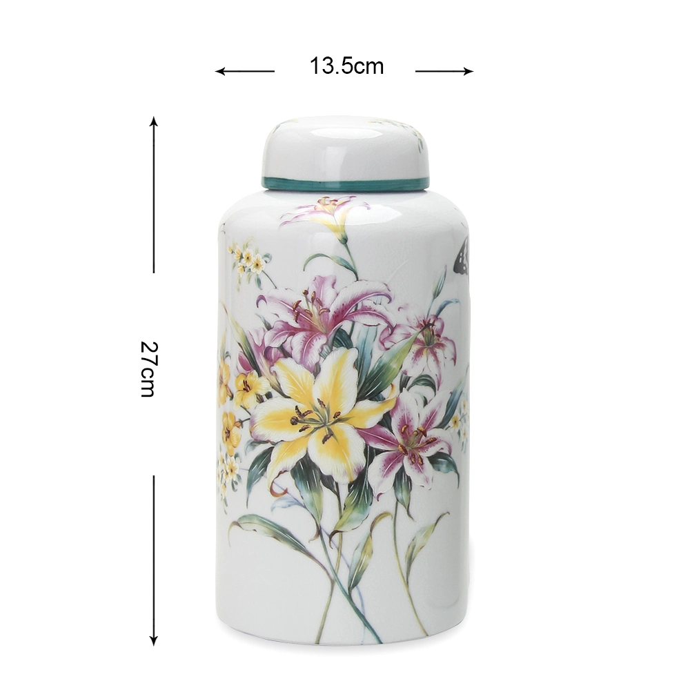 J043 Modern Porcelain Lily Pattern Tea Jar Canister Ceramic Cylinder White Flower Decor Jar with Lid