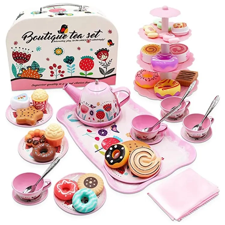 Mini Tea Afternoon Playset Prentent Exquisite House Custom Role Play Dessert Combination Pink Red Flower Tinplate Teaware Gifts Tea Set