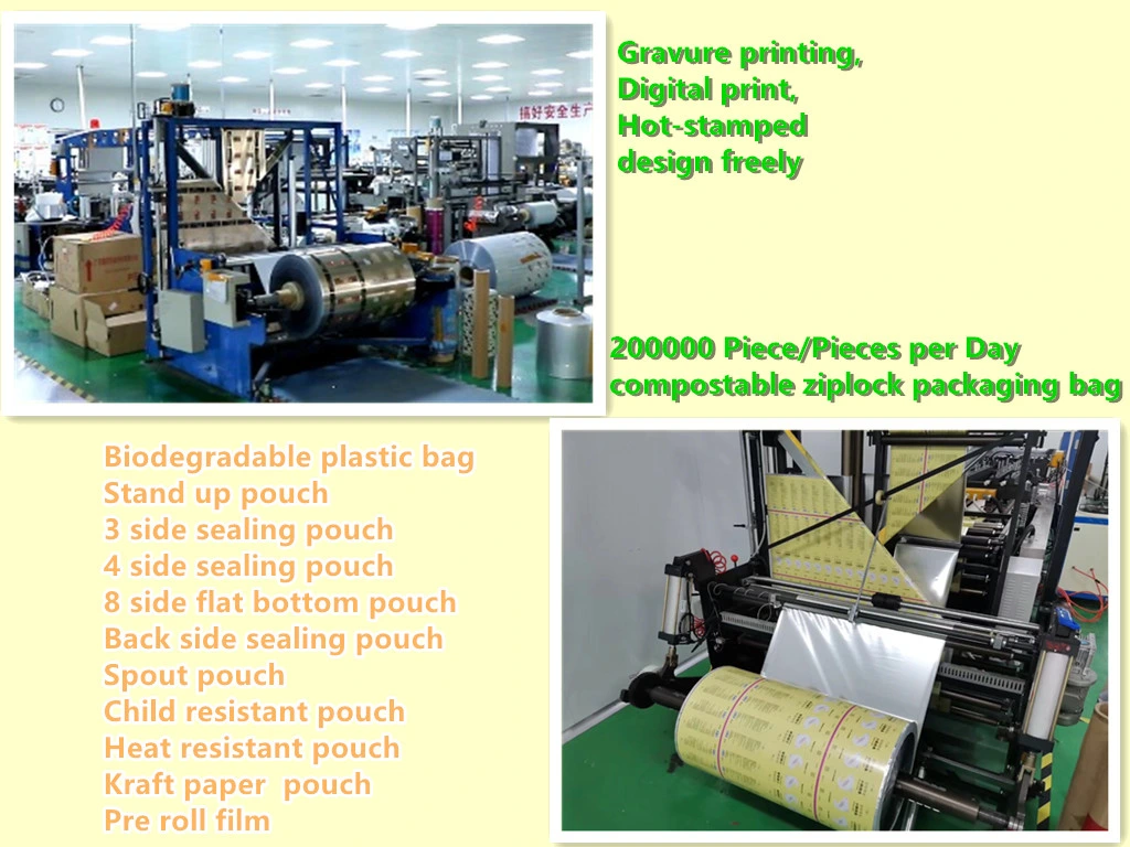 Degradable Plastic Stand up Flat Sealing Tea Coffee Bags Food Grade with Zipper and Tear Notches/Clear Windows/Valve