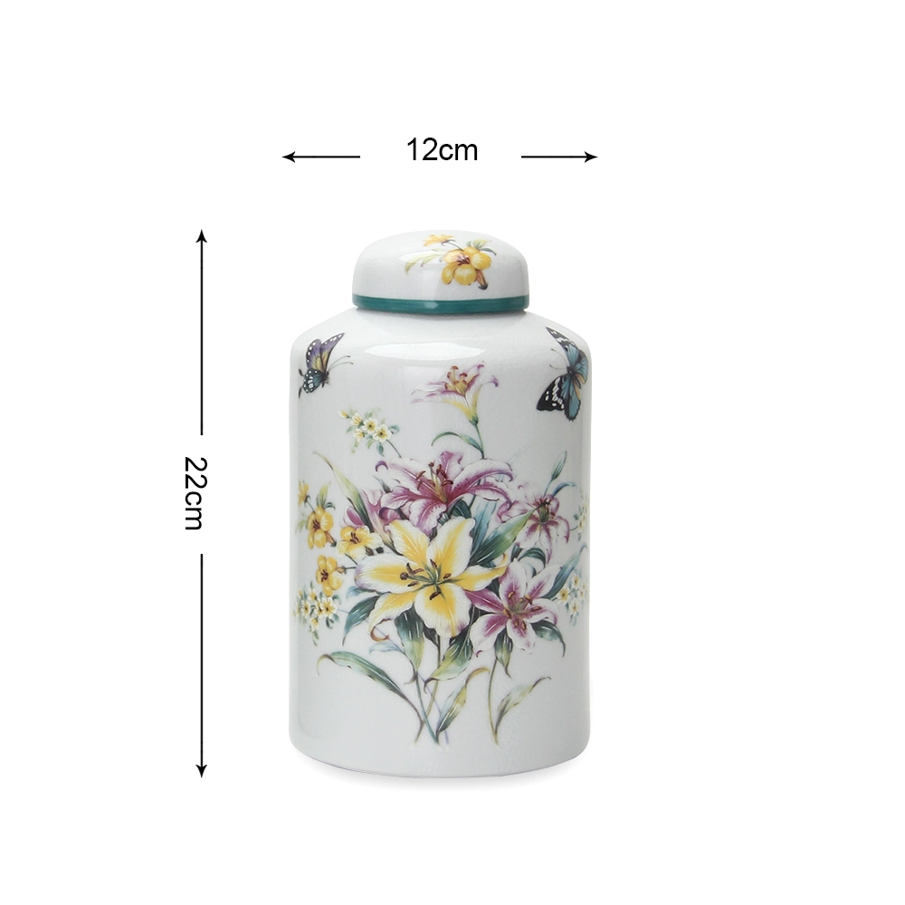 J043 Modern Porcelain Lily Pattern Tea Jar Canister Ceramic Cylinder White Flower Decor Jar with Lid