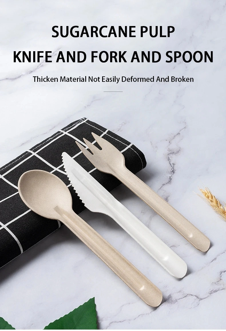 Food Container Natural Biodegradable Bulk Bagasse Spoon Forks Knives Disposable Sugarcane Cutlery