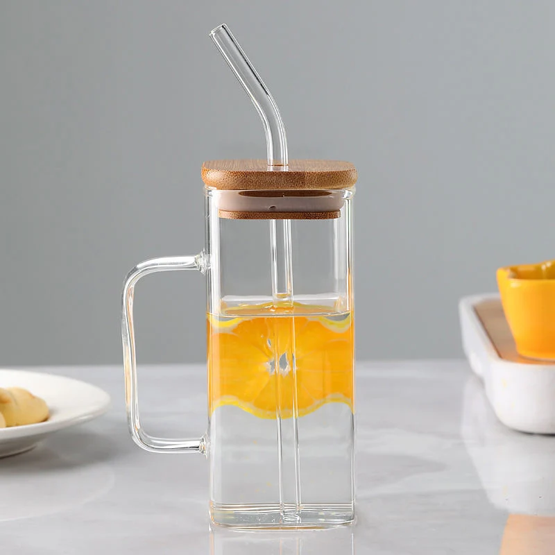 Clear Glassware Drinkware Iced Coffee Tea Mug Water Tumbler Dinking Glasses Square Glass Cup with Lid Straw Handle
