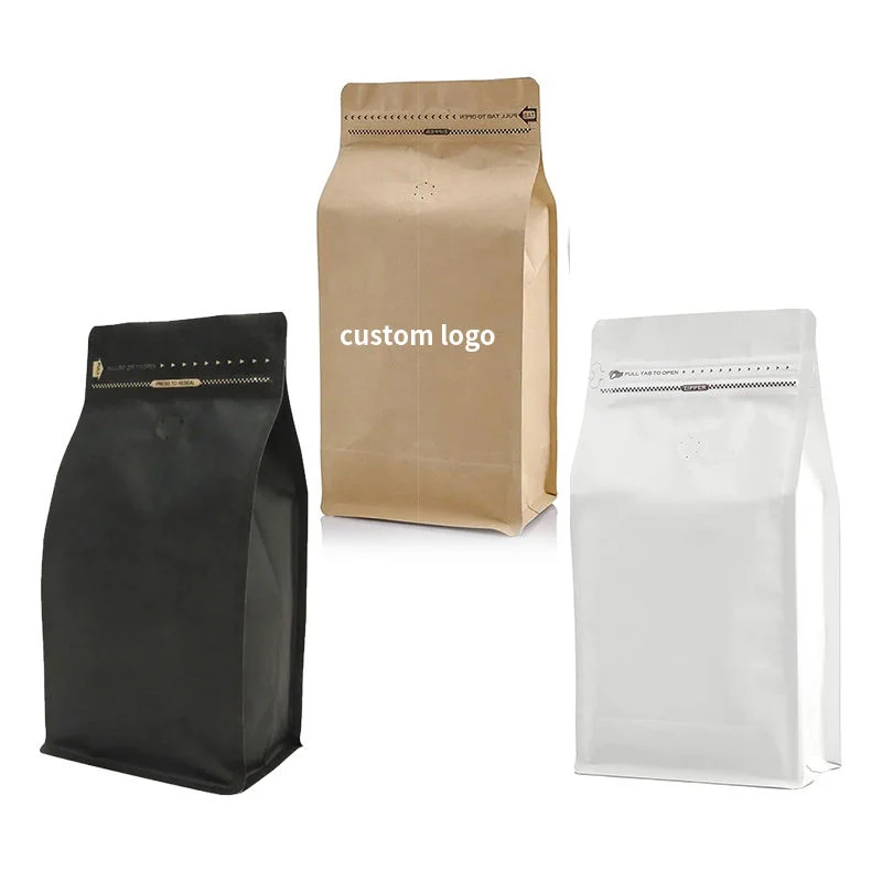 Custom Printed Resealable 1lb 100g 250g 500g 1kg Compostable Plastic Ziplock Flat Bottom Empty Coffee Pouches Bags with Valve