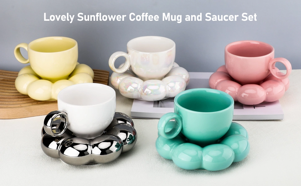 Ceramic Coffee Mug with Sunflower 6.7 Oz/200 Ml Cute Creative Afternoon Tea Cup and Saucer