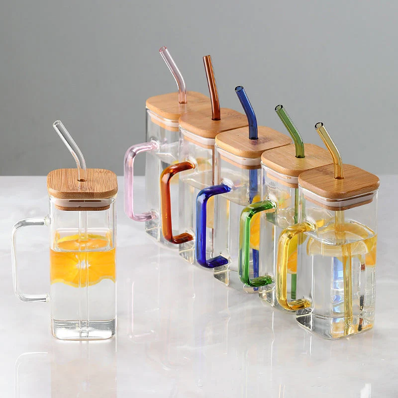 Clear Glassware Drinkware Iced Coffee Tea Mug Water Tumbler Dinking Glasses Square Glass Cup with Lid Straw Handle