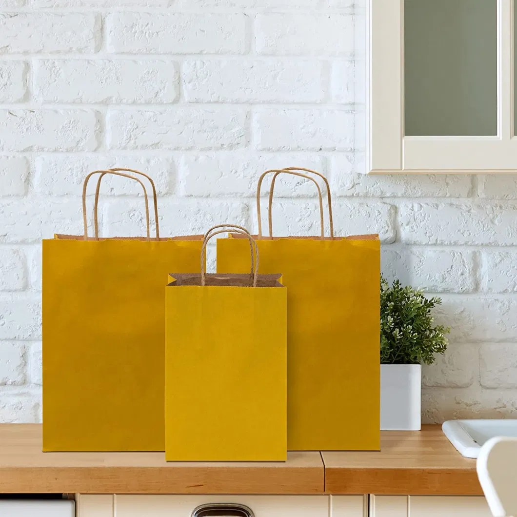 Yellow Gift Bags 100 Pack Kraft Paper Shopping with Handles, Retail Stores. Grocery Bags, Bread Bags Recyclable Snack Bags