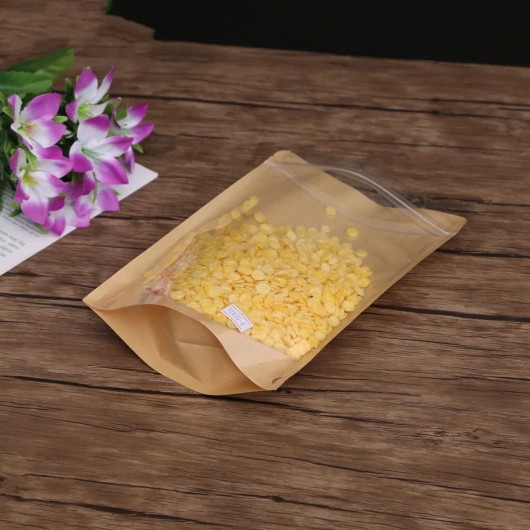 Good Sealing One Side Transparent Eco-Friendly Packaging Tea Coffee Snack Food Kraft Paper Stand up Ziplock Bag