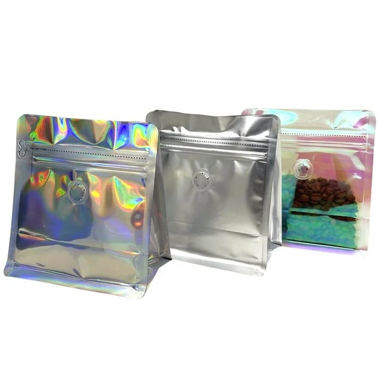 Custom Printed Holographic Empty Flat Bottom Coffee Bags with Valve and Zipper for Coffee Bean_Tea Packaging