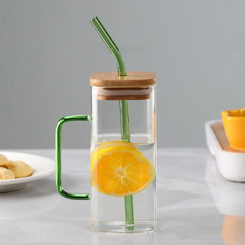 Clear Glassware Drinkware Iced Coffee Tea Mug Water Tumbler Dinking Glasses Square Glass Cup with Lid Straw Handle