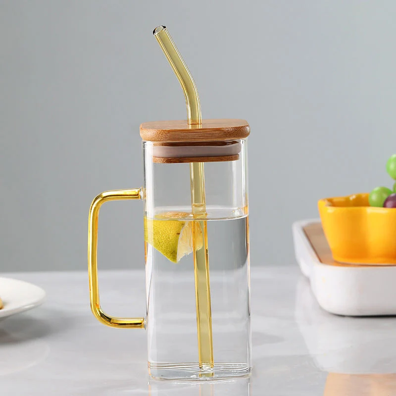 Clear Glassware Drinkware Iced Coffee Tea Mug Water Tumbler Dinking Glasses Square Glass Cup with Lid Straw Handle