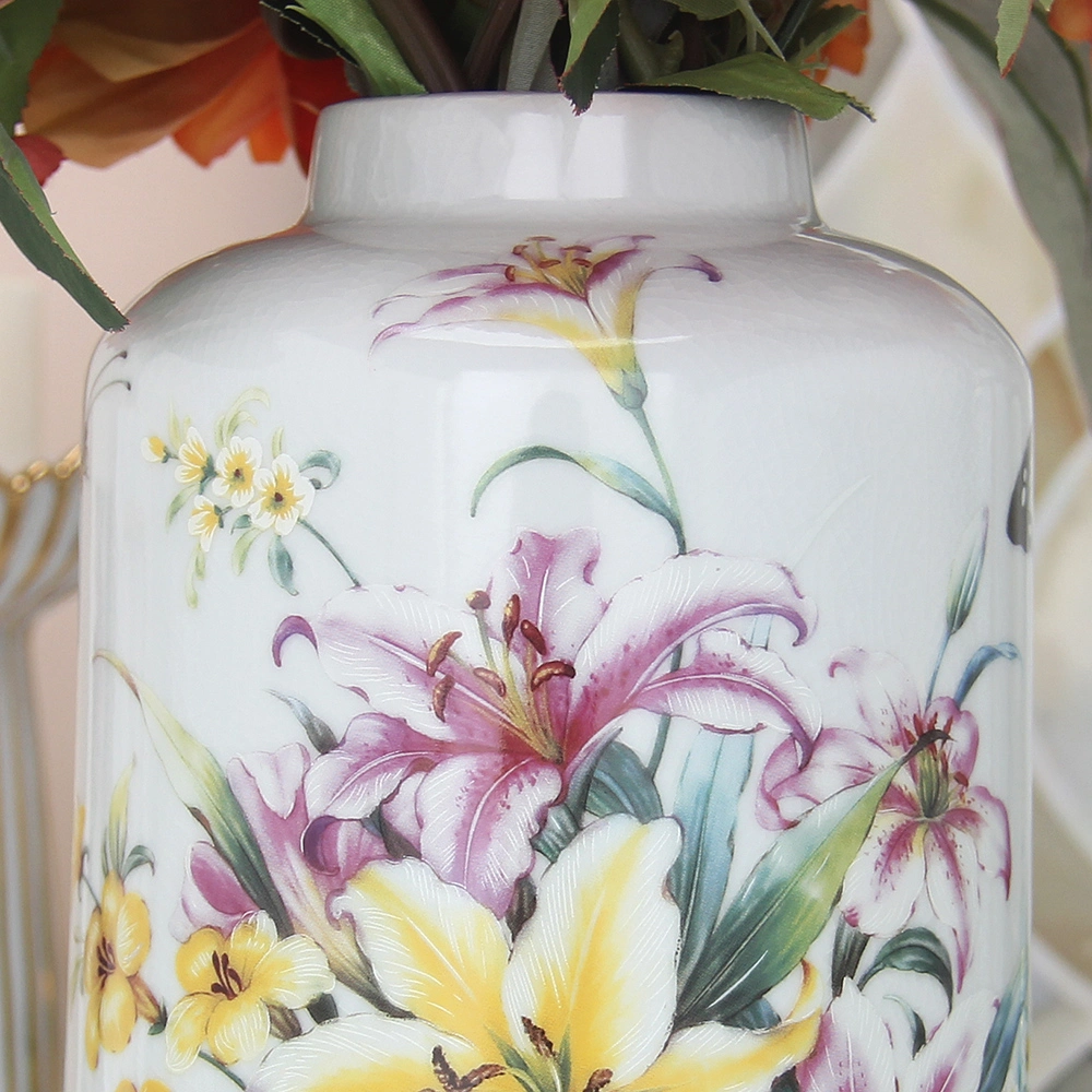 J043 Modern Porcelain Lily Pattern Tea Jar Canister Ceramic Cylinder White Flower Decor Jar with Lid