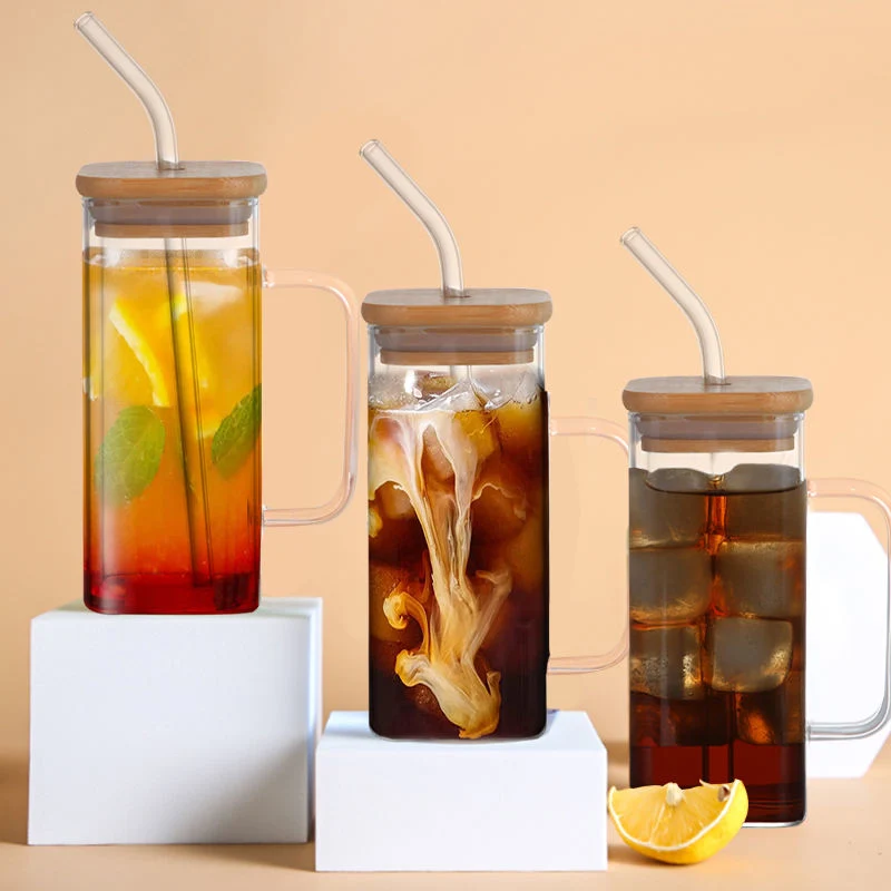 Clear Glassware Drinkware Iced Coffee Tea Mug Water Tumbler Dinking Glasses Square Glass Cup with Lid Straw Handle