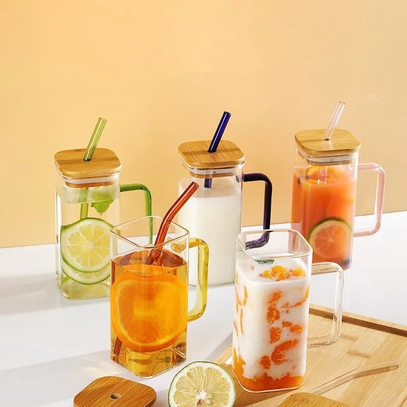 Clear Glassware Drinkware Iced Coffee Tea Mug Water Tumbler Dinking Glasses Square Glass Cup with Lid Straw Handle