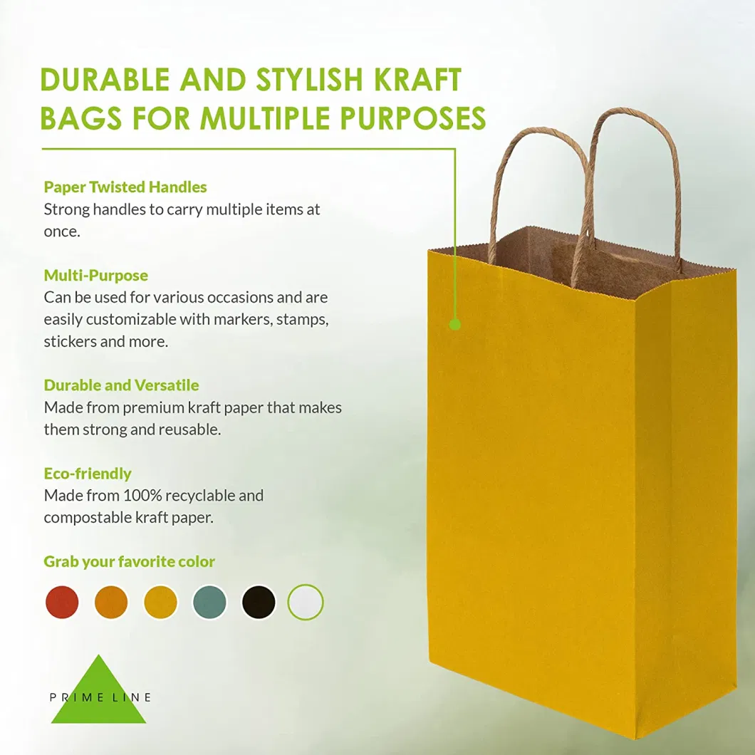 Yellow Gift Bags 100 Pack Kraft Paper Shopping with Handles, Retail Stores. Grocery Bags, Bread Bags Recyclable Snack Bags