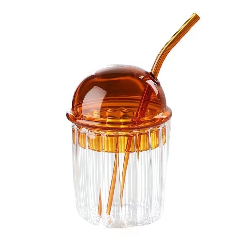 Glass Drinking Cup with Lid and Straw 450ml Glass Cups for Smoothie, Boba Tea Glass Beverage Cup Tumbler