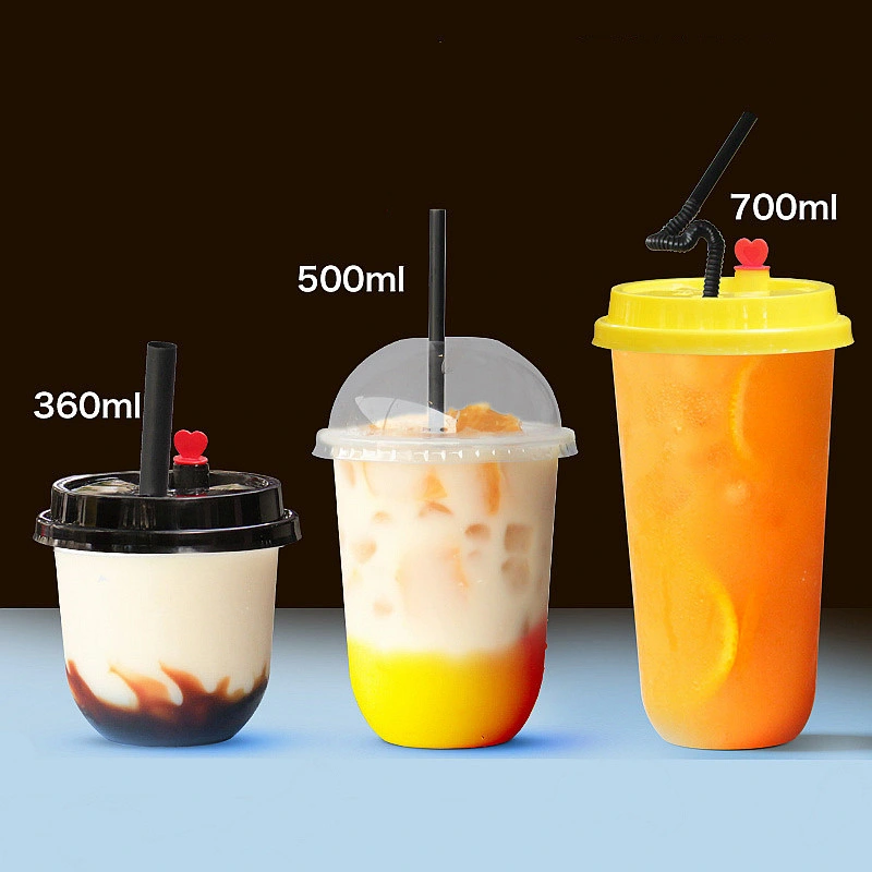 U Shape Creative Cute Disposable Juice Cup Transparent Milk Tea Plastic Cups Cold Drink Packaging Cups with Lid