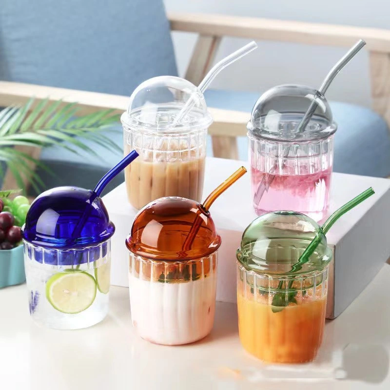 Glass Drinking Cup with Lid and Straw 450ml Glass Cups for Smoothie, Boba Tea Glass Beverage Cup Tumbler