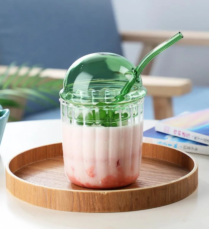 Glass Drinking Cup with Lid and Straw 450ml Glass Cups for Smoothie, Boba Tea Glass Beverage Cup Tumbler
