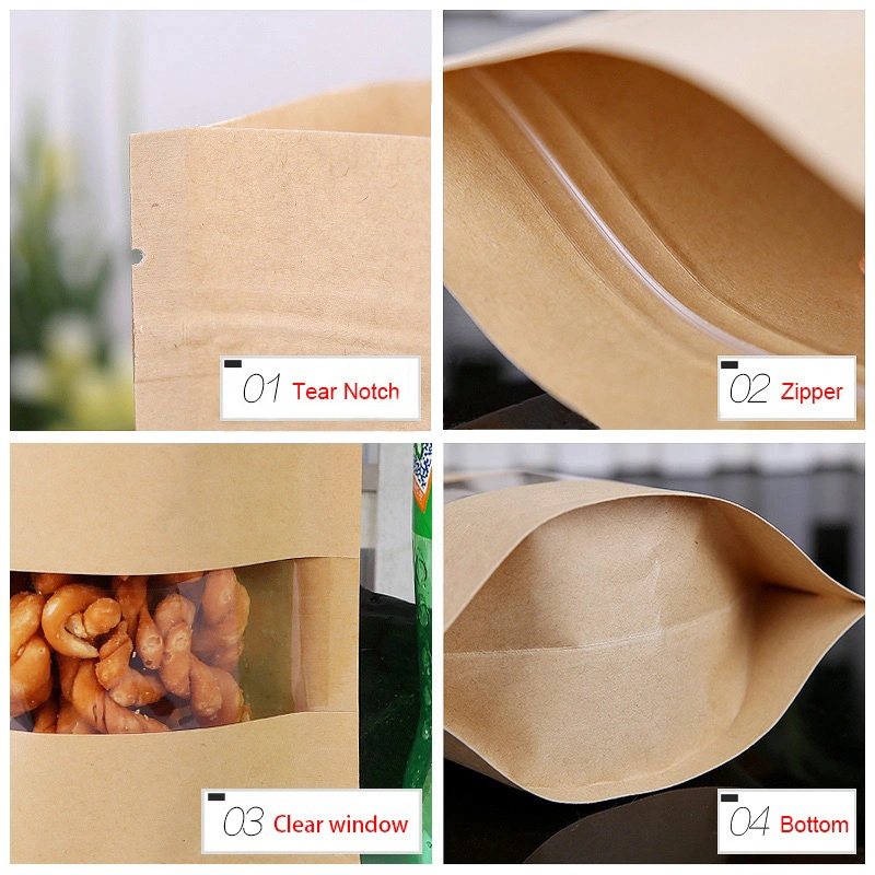 Stand up Zipper Brown Kraft Paper Resealable Ziplock Heat Sealable Food Storage Doypack Packaging Pouches Bag with Clear Window