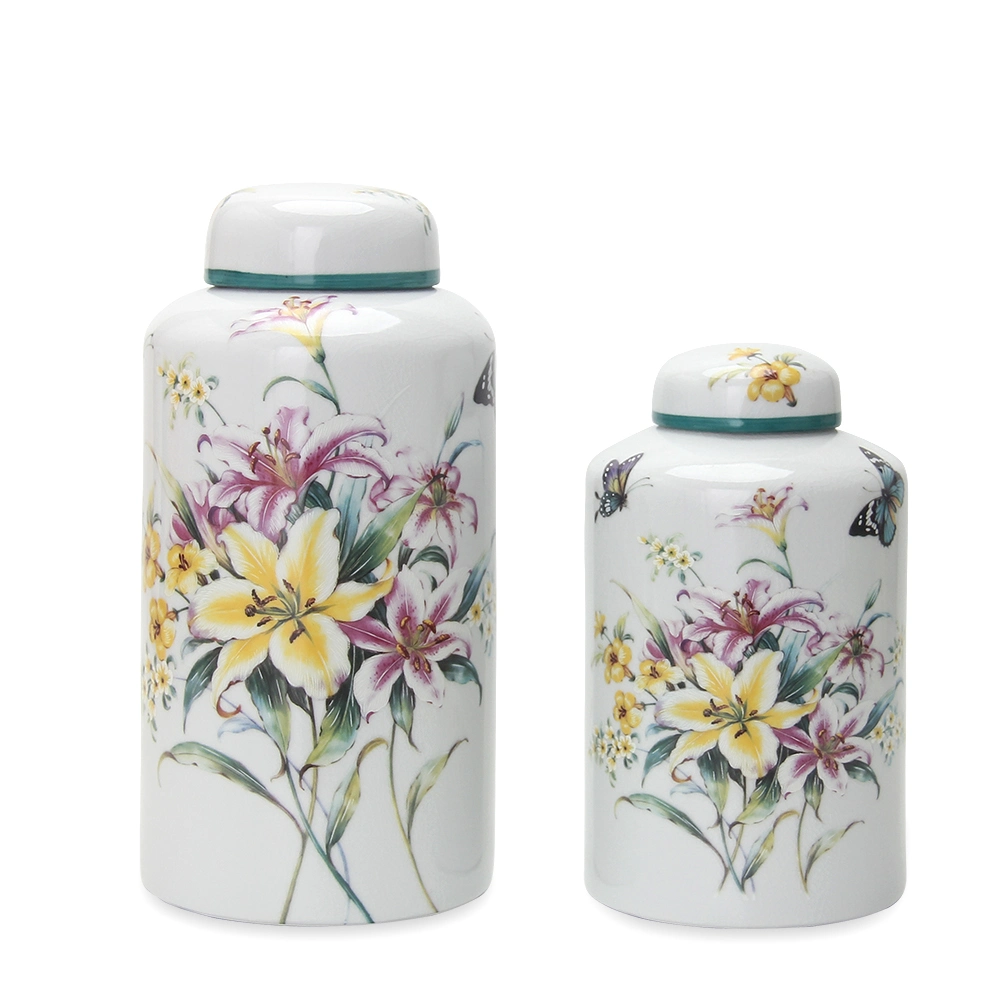 J043 Modern Porcelain Lily Pattern Tea Jar Canister Ceramic Cylinder White Flower Decor Jar with Lid