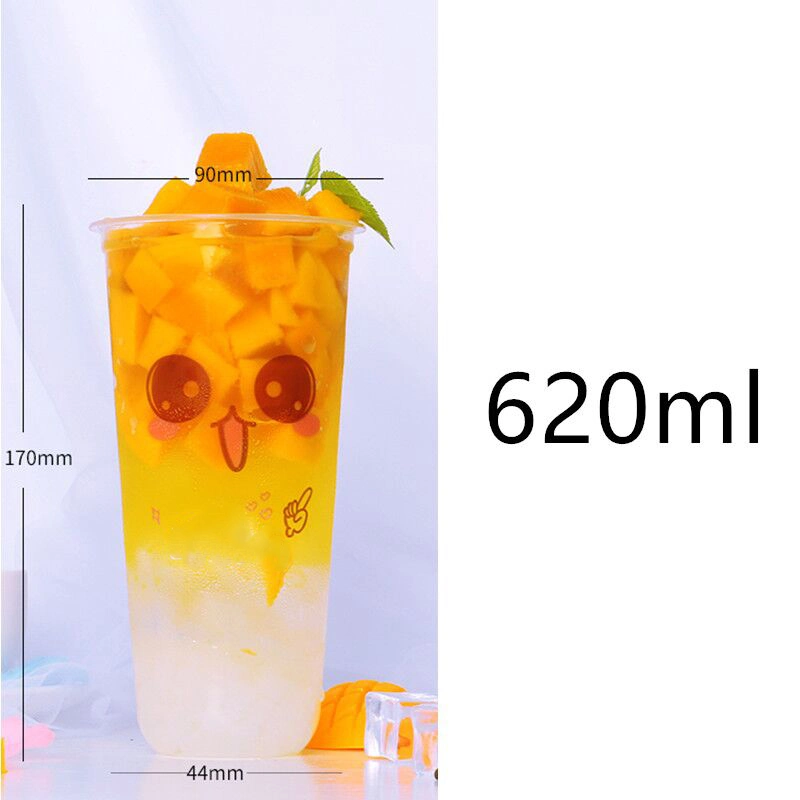 Cute Expression Pattern 90 Caliber High Transparent Disposable Plastic Cup Milk Tea Juice Beverage Packaging Cups