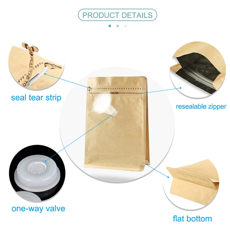 High Performance Customized Moisture Proof Flat Bottom Bag Kraft Paper Coffee Bags