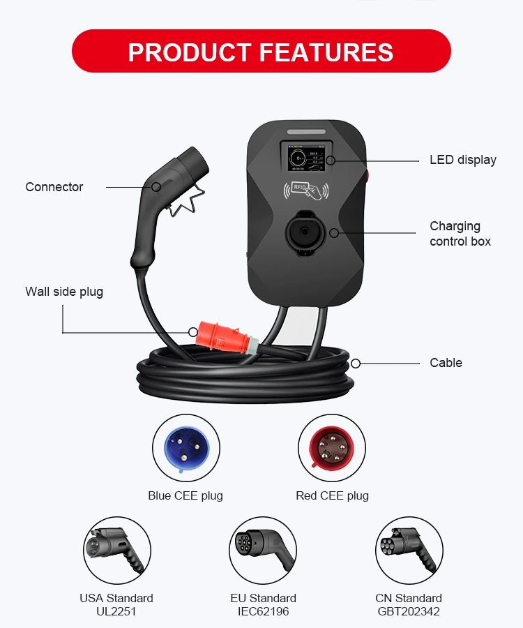 22kw 32A Type2 Mode3 Wall Box EV Charger with TUV Certified