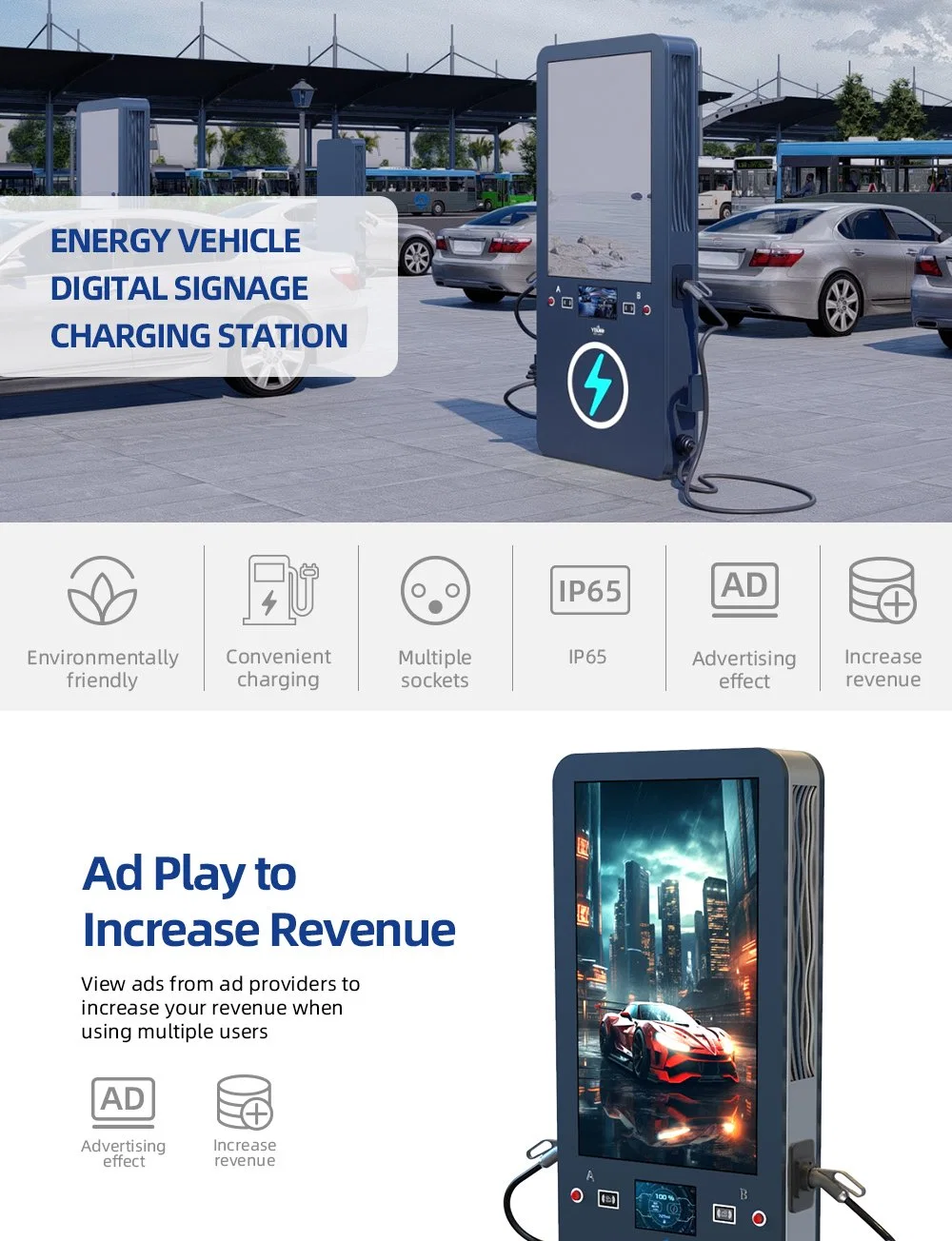 Yeroo 120 Kw Commercial DC EV Charging Station with Weatherproof LCD Advertising Display Digital Signage