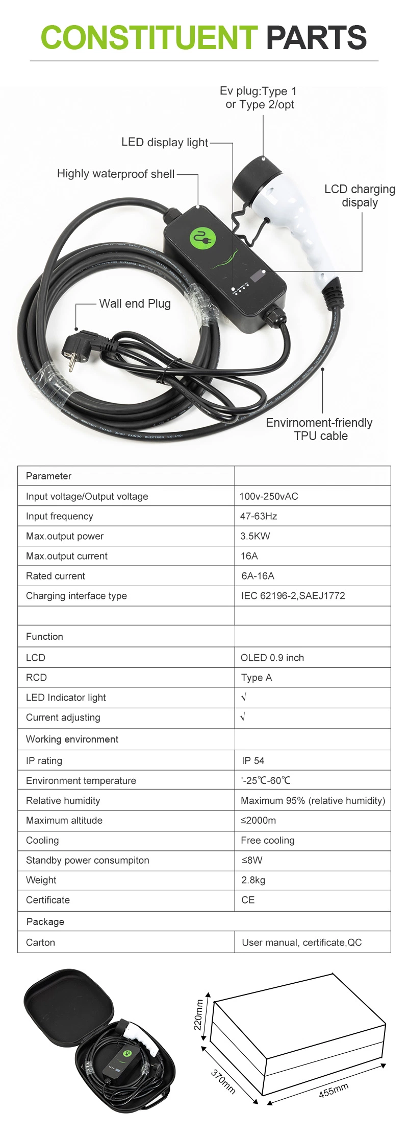 Electric Car Station Level 2 EV Car Charging Cable 32A 240V Portable Home Use EV Charger