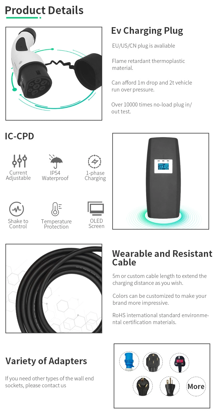 China OEM Type 2 Type 1 1phase 32A 16A EV Charger 3kw 7kw Electric Car Charger AC Mobile Charger