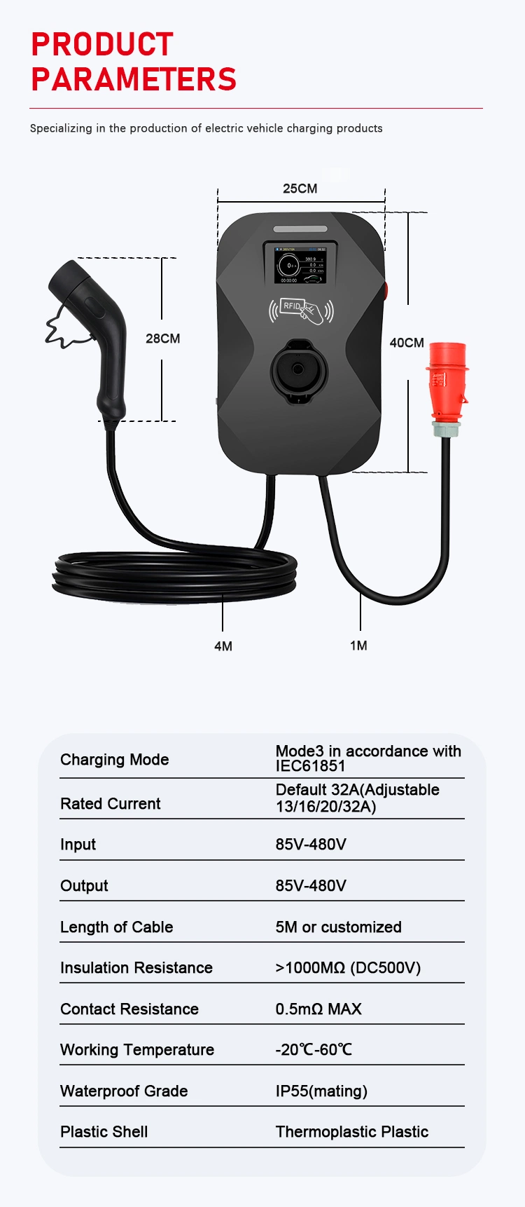 22kw 32A Type2 Mode3 Wall Box EV Charger with TUV Certified