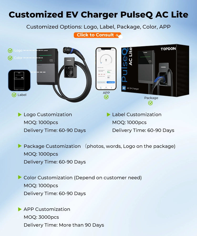 Topdon Factory Manufacturer Pulseq AC Lite 22kw 11kw 7kw 16A 32AMP Single 3 Phase Level 2 Fast Charging Smart Wall Mounted Electric Car Type2 EV Charger Station