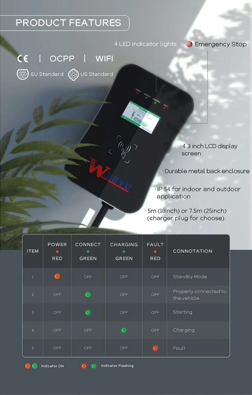 Weeyu AC EV Charger 3 Phase 1 Phase 7kw 11kw 22kw Wallbox Fast Electric Car Wallbox Charging Stations with APP