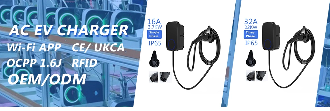 240V Weeyu 7kw 11kw 22kw 3 Phase Type 2 Electric Vehicle Cable Charging Station Wallbox 16A 32A Adjustable EV Charger