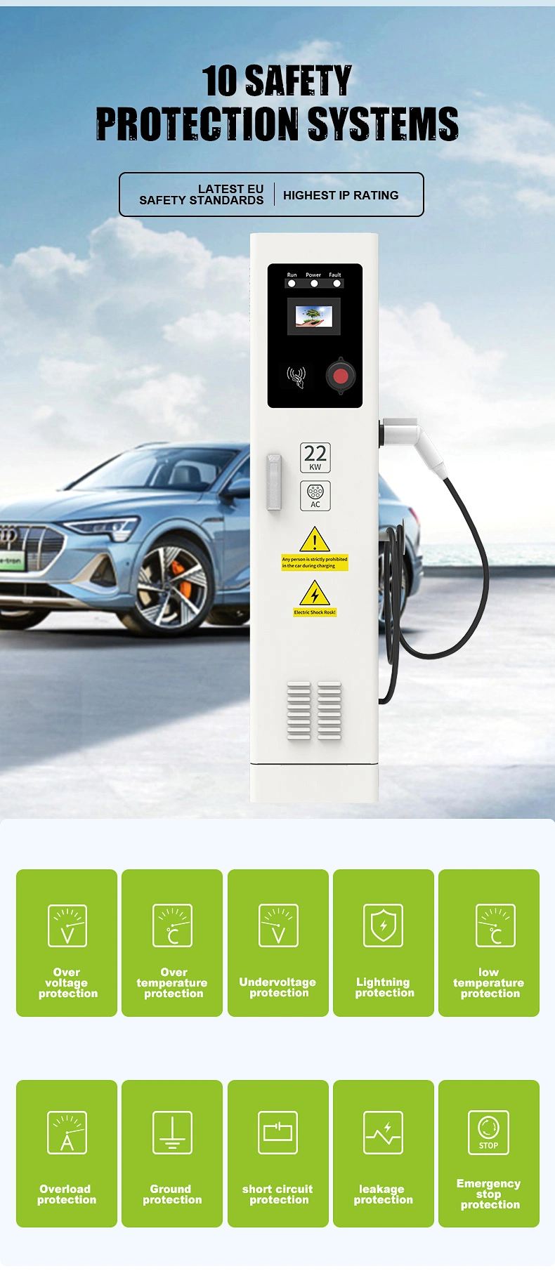 Hot Sale 11/22/44 Kw EV Charger for Electric Vehicles Ocpp1.6j Type1 Type 2 Car Charging Station