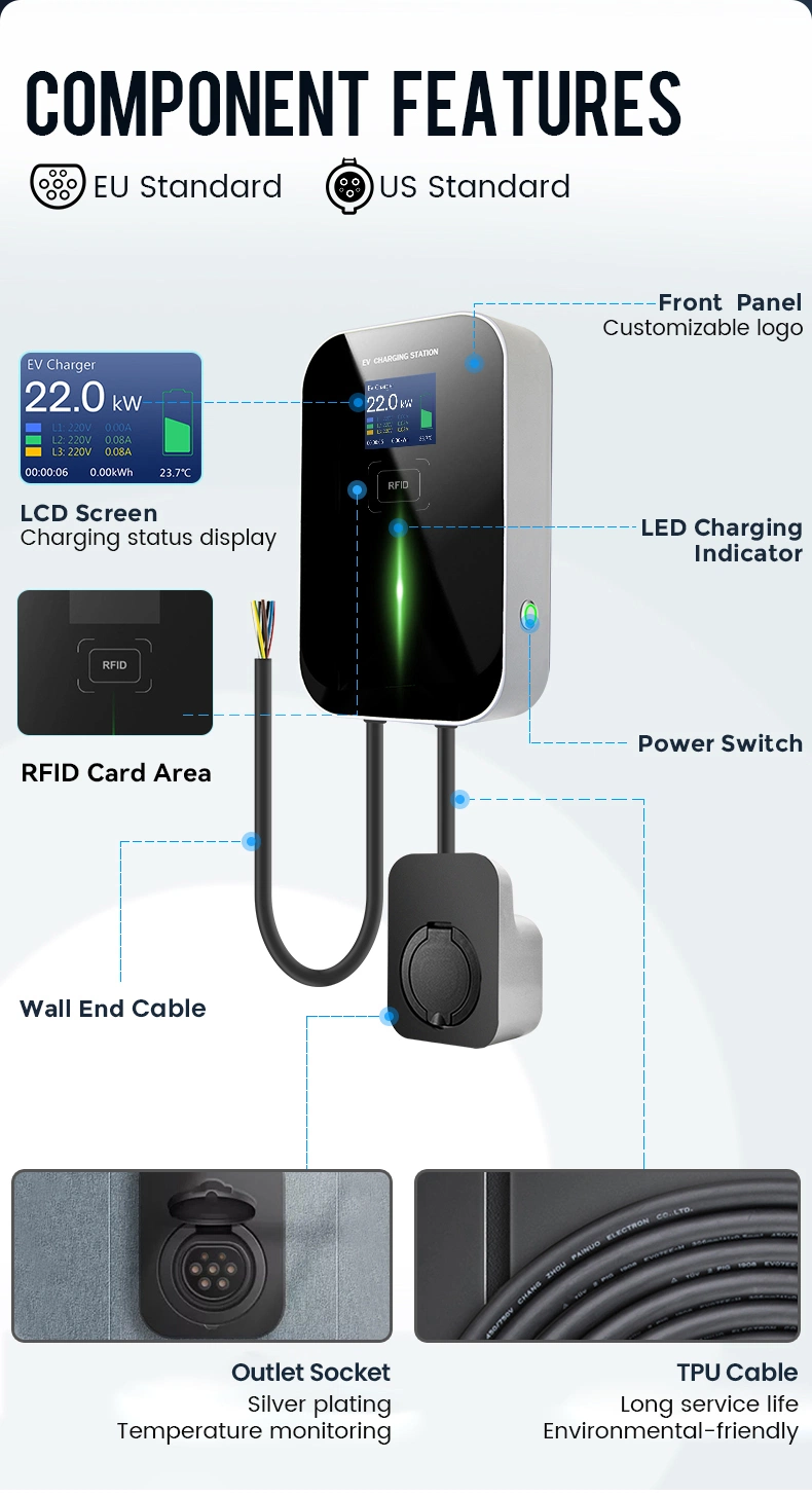 Besen Manufacturer Ocpp 1.6j Wallbox 22kw EV Wall Charger EV Charging Station with RFID Card