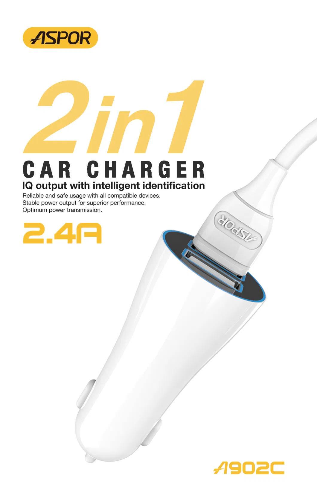 Iq 2.4A 2in1 Combo with Micro/Lighting/Type-C Cable 2USB Car Charger with Light for Aspor in China