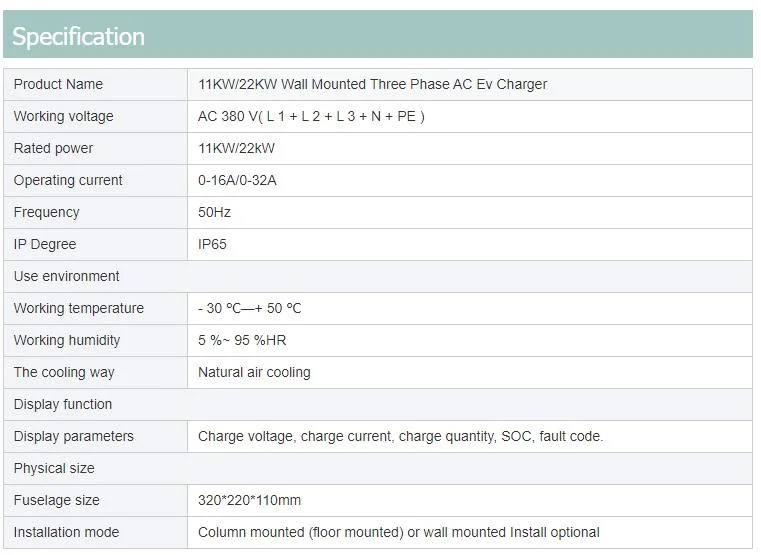 Chinese Factory 22kw IP55 Wallbox 380V 11kw Charging Station EV Charger