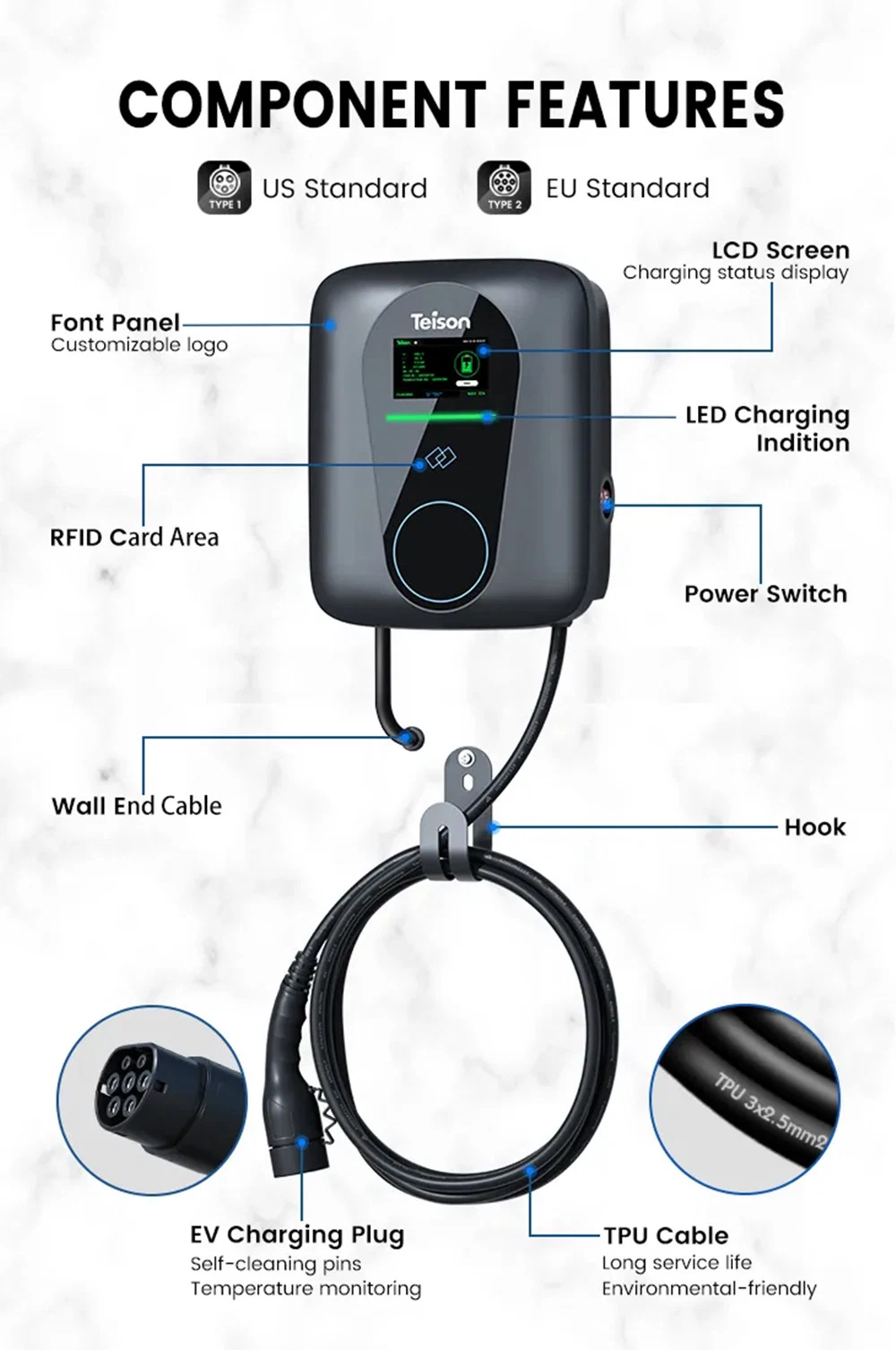 Best Quality 7kw Station Wall-Mounted Outdoor Type2 EV Charger with Socket